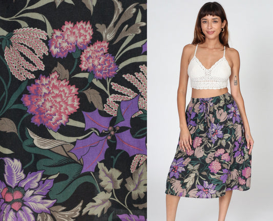 80s Black Floral Midi Skirt High Waist Purple Dahlia Print Small
