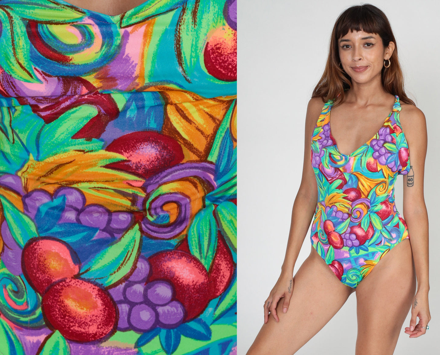 80s Fruit Print One-Piece Swimsuit Criss Cross Low Back Medium Large
