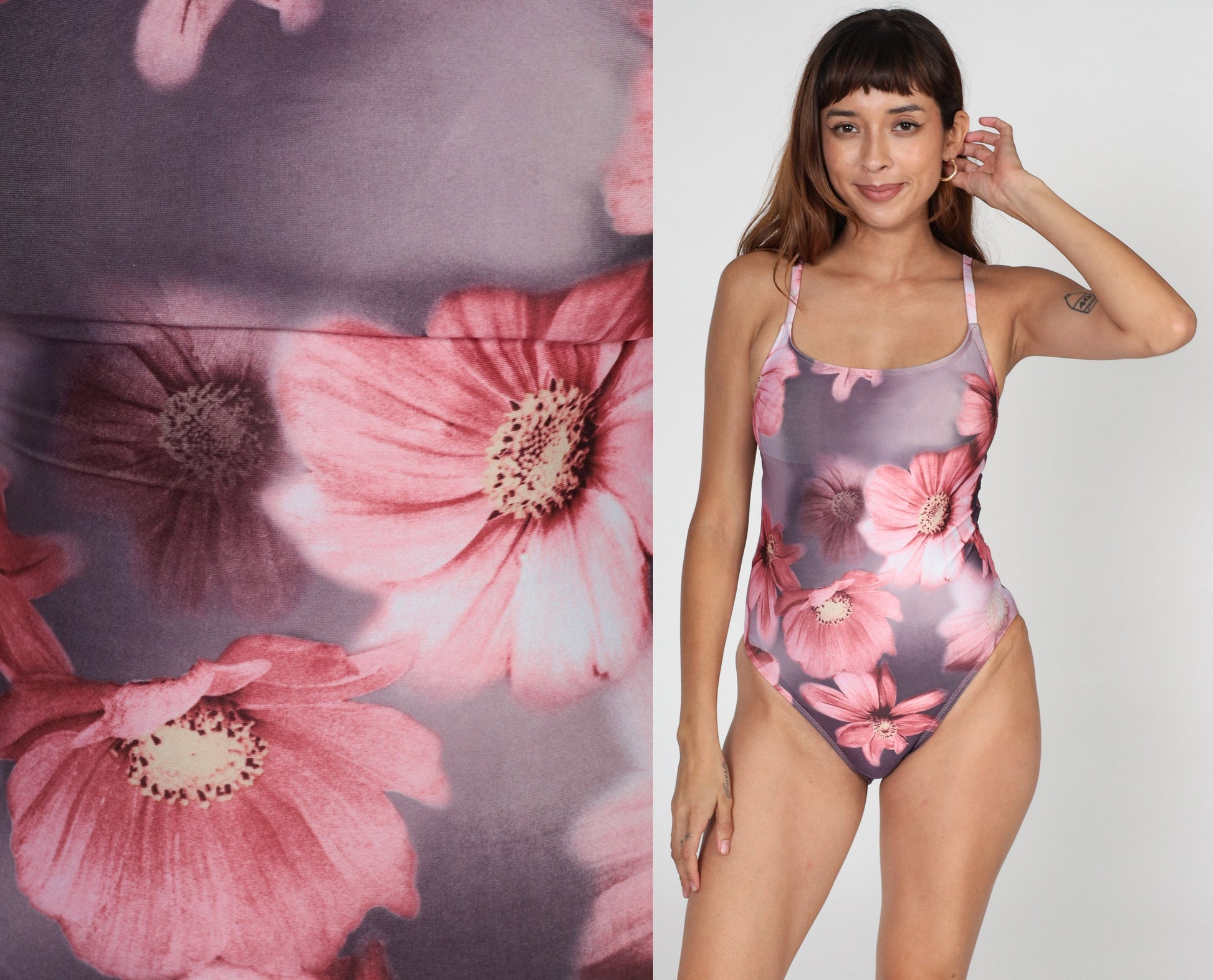 Y2K Purple Floral One-Piece Swimsuit Pink Daisy Cutout Open Back Small S