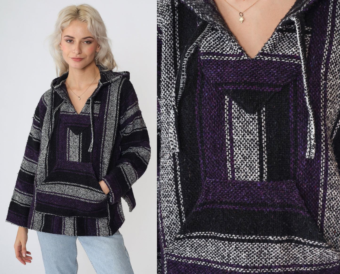 90s Mexican Baja Hoodie Black White Purple Striped Kangaroo Pocket Small