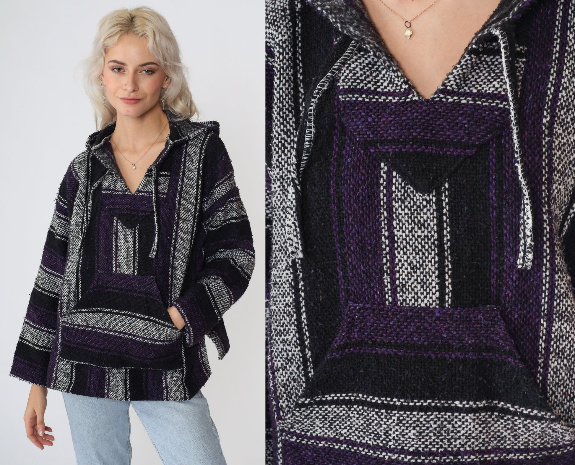 90s Mexican Baja Hoodie Black White Purple Striped Kangaroo Pocket Small