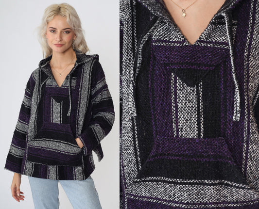 90s Mexican Baja Hoodie Black White Purple Striped Kangaroo Pocket Small