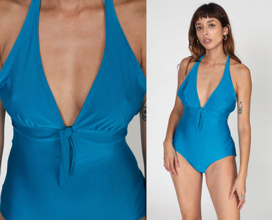 80s Blue Halter One-Piece Swimsuit Tie Front Open Back Small