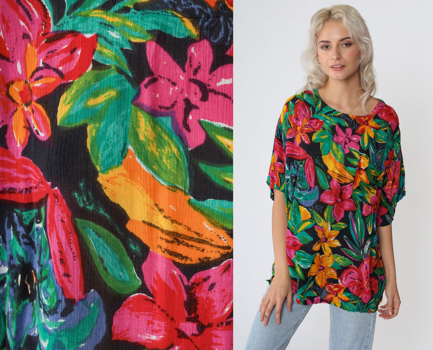 Y2K Tropical Floral Blouse Carole Little Short Sleeve Chest Pocket Medium