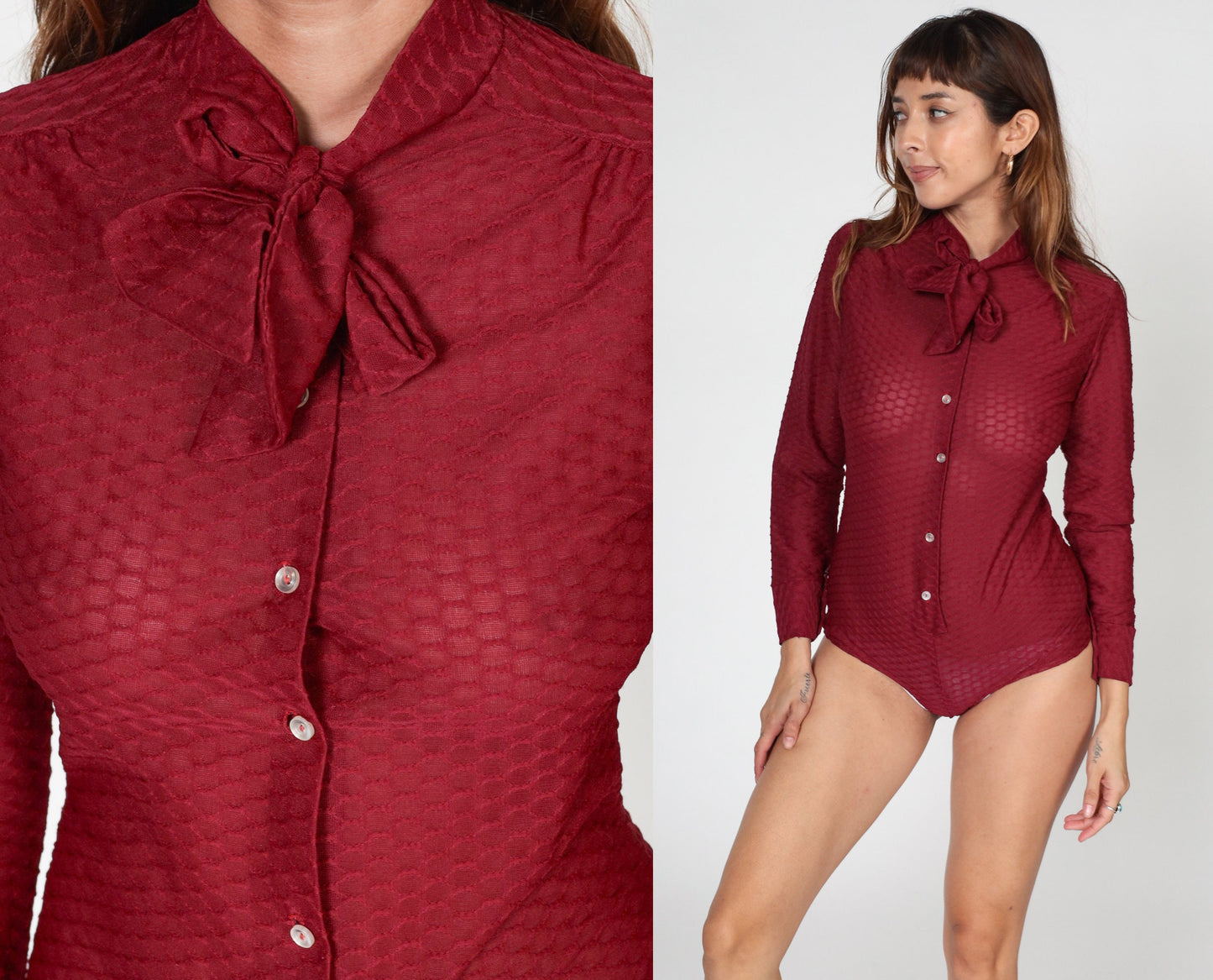70s Red Sheer Bodysuit Blouse Tie Neck Long Sleeve Honeycomb Medium M