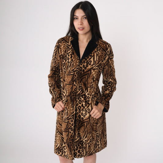 80s Leopard Tiger Print Faux Fur Coat Black Collar Small S