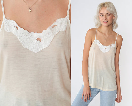 90s Beige Camisole Tank Top White Floral Applique Semi-Sheer Medium