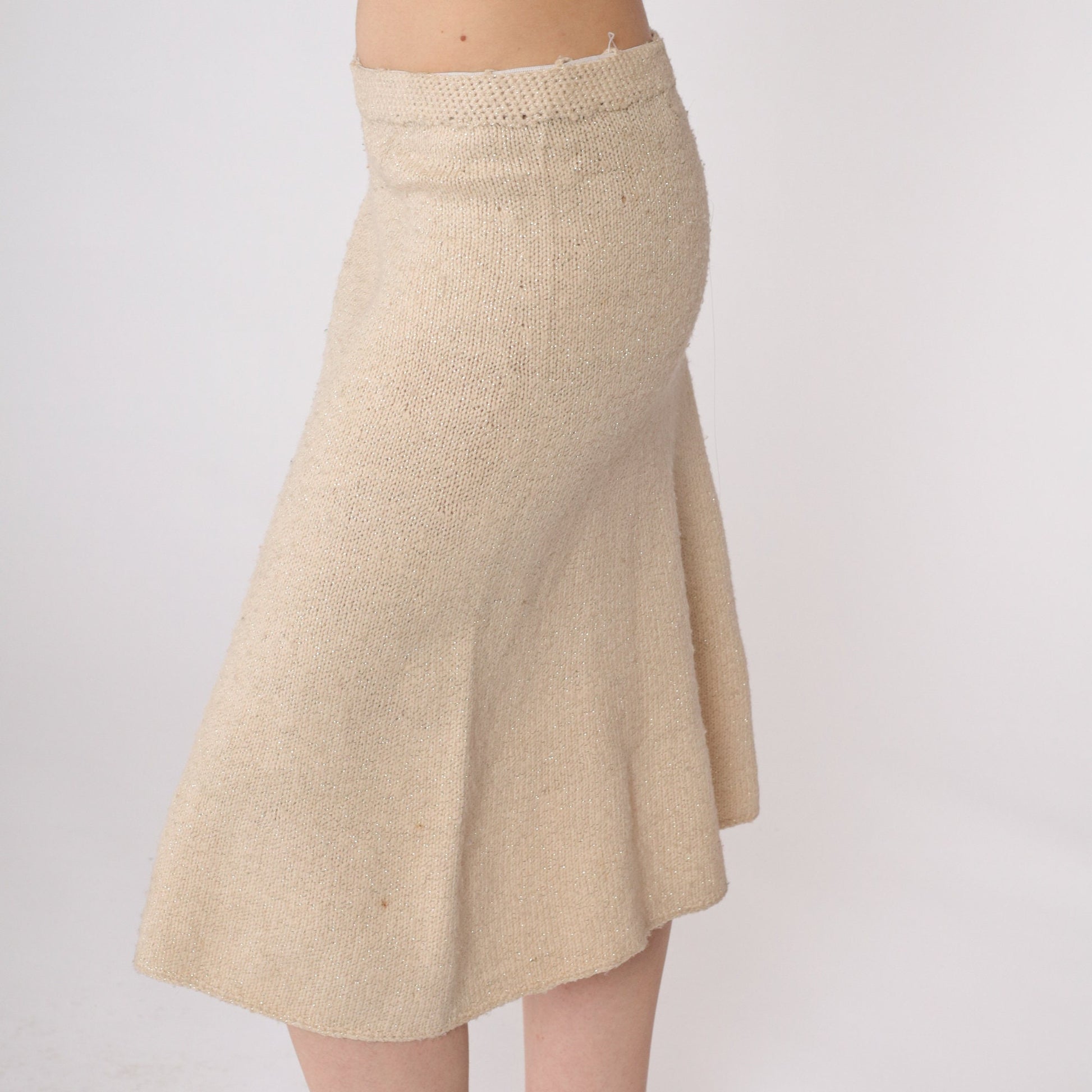 80s Beige Metallic Knit Pencil Skirt Silver Threads Elastic Waist Small Medium