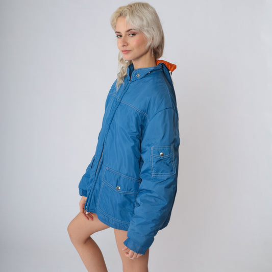 80s Blue Puffer Ski Jacket Orange Lining Hooded Zip Coat Large L