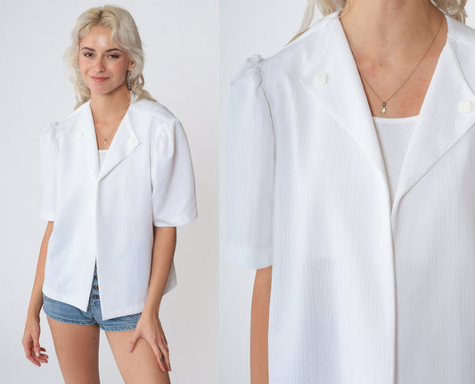 70s White Puff Sleeve Open Front Blouse Extra Large XL