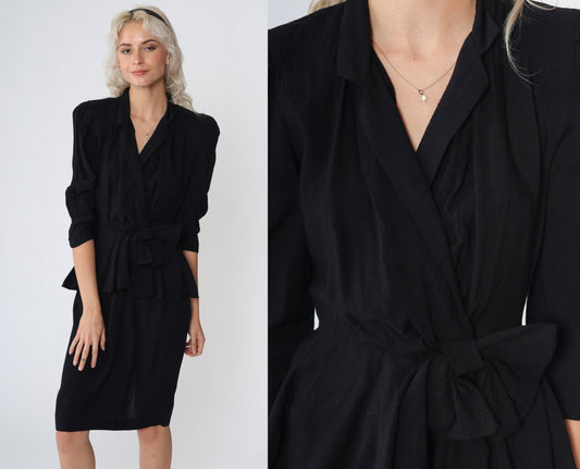80s Jody California Black Peplum Dress V-Neck Puff Sleeve Knee Length Extra Small