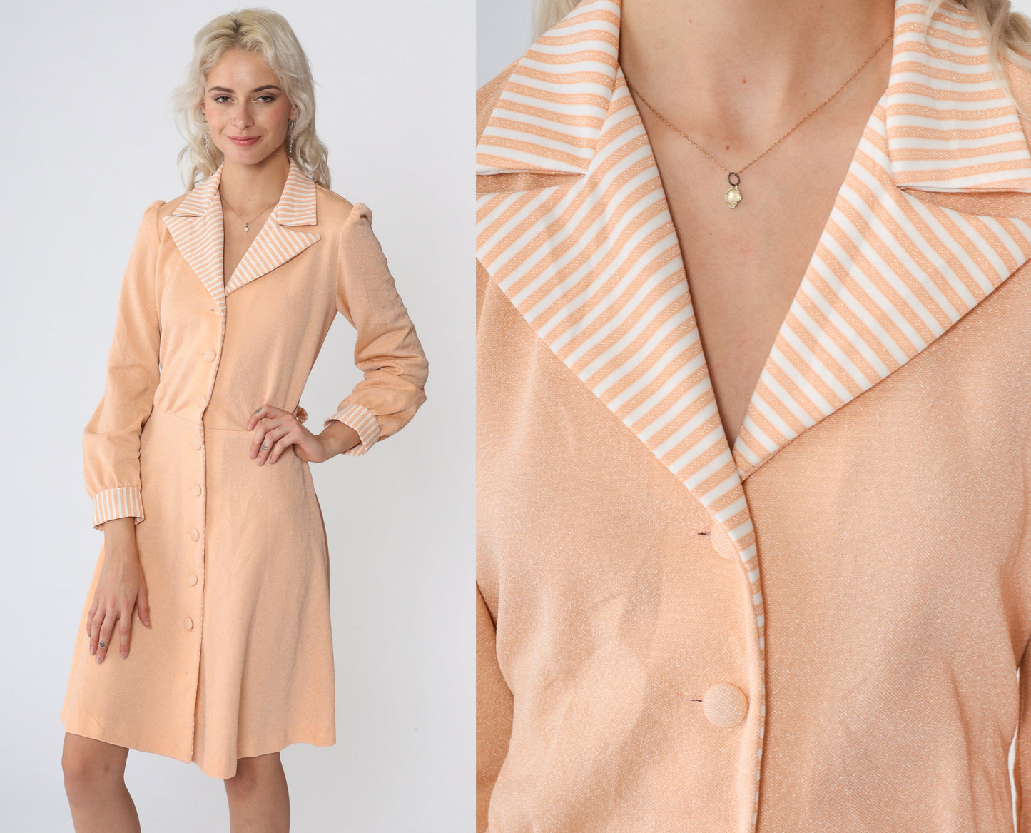 70s Peach Mini Shirtdress Puff Sleeve Striped Collar Button-Up Small