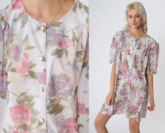 80s California Looks Floral Mini Dress Puff Sleeve High Waisted Plus Size XXL