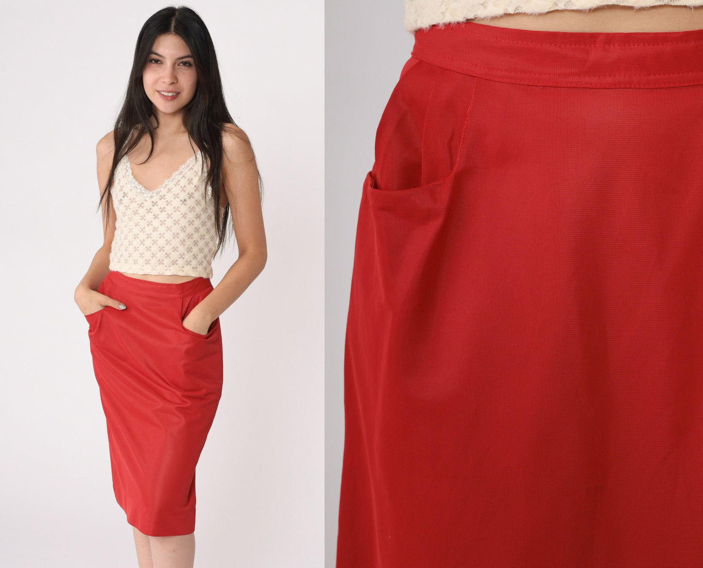 60s Red Pencil Skirt High Waist Midi Rear Zip Extra Small