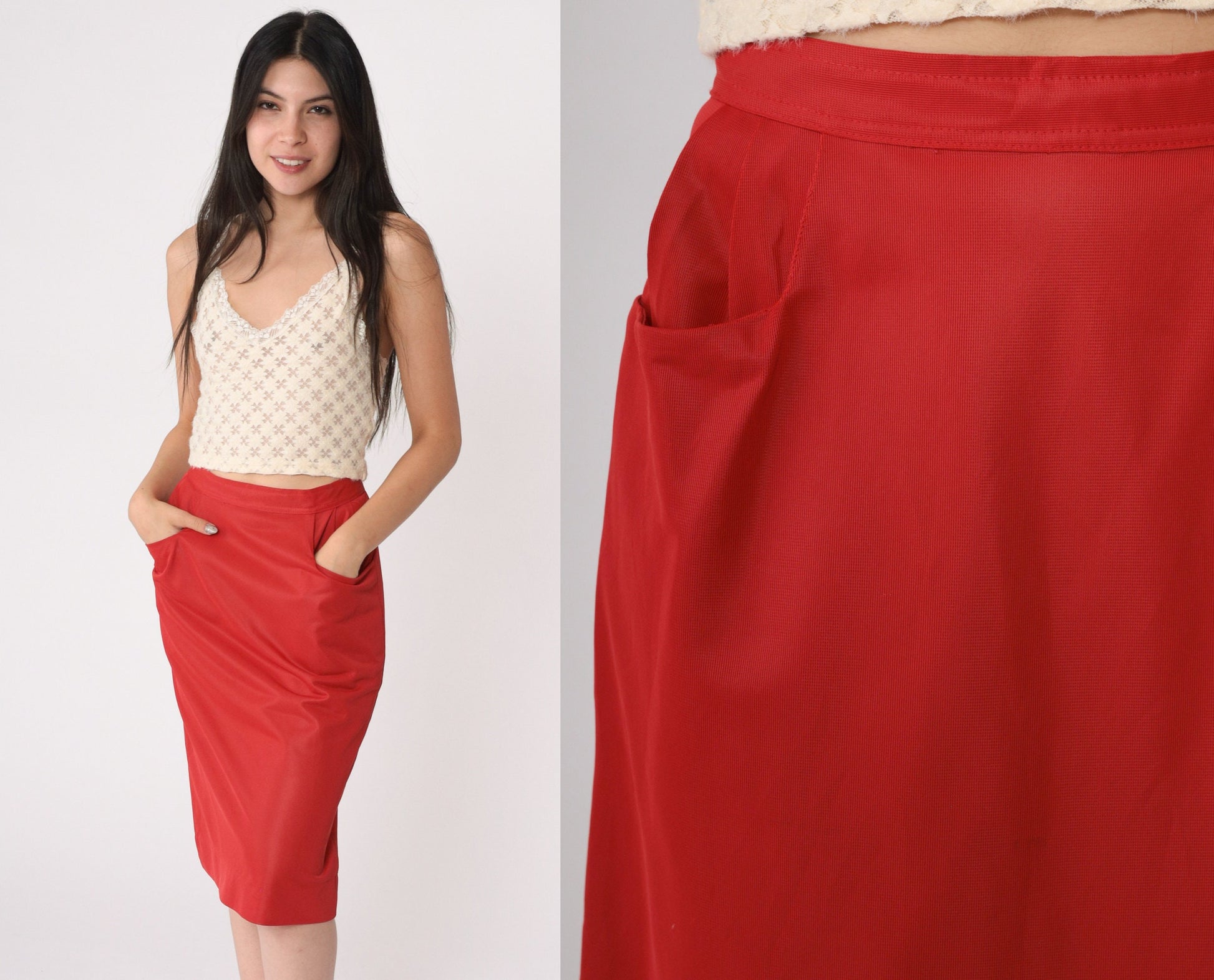 60s Red Pencil Skirt High Waist Midi Rear Zip Extra Small