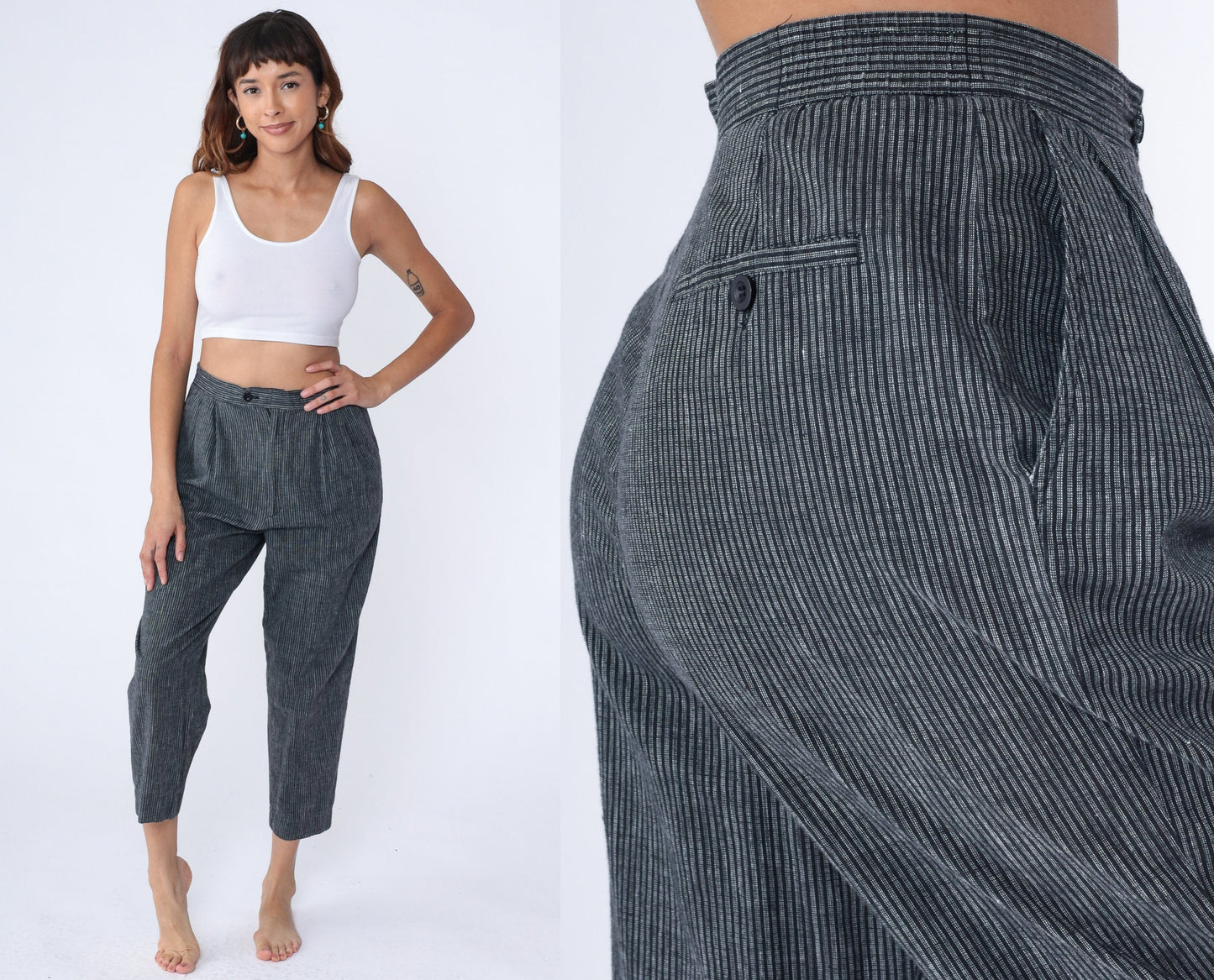 80s Grey Pinstripe High-Rise Trousers Pleated Straight Leg Medium