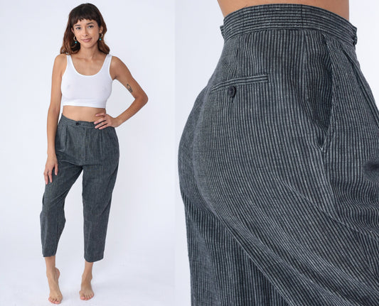 80s Grey Pinstripe High-Rise Trousers Pleated Straight Leg Medium