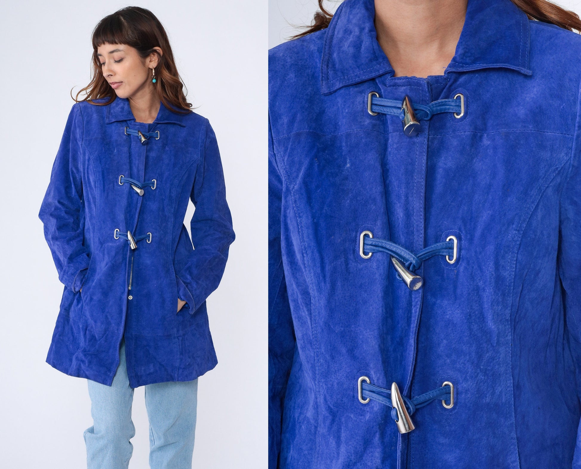 Y2K Royal Blue Suede Jacket Toggle Button Longline Small