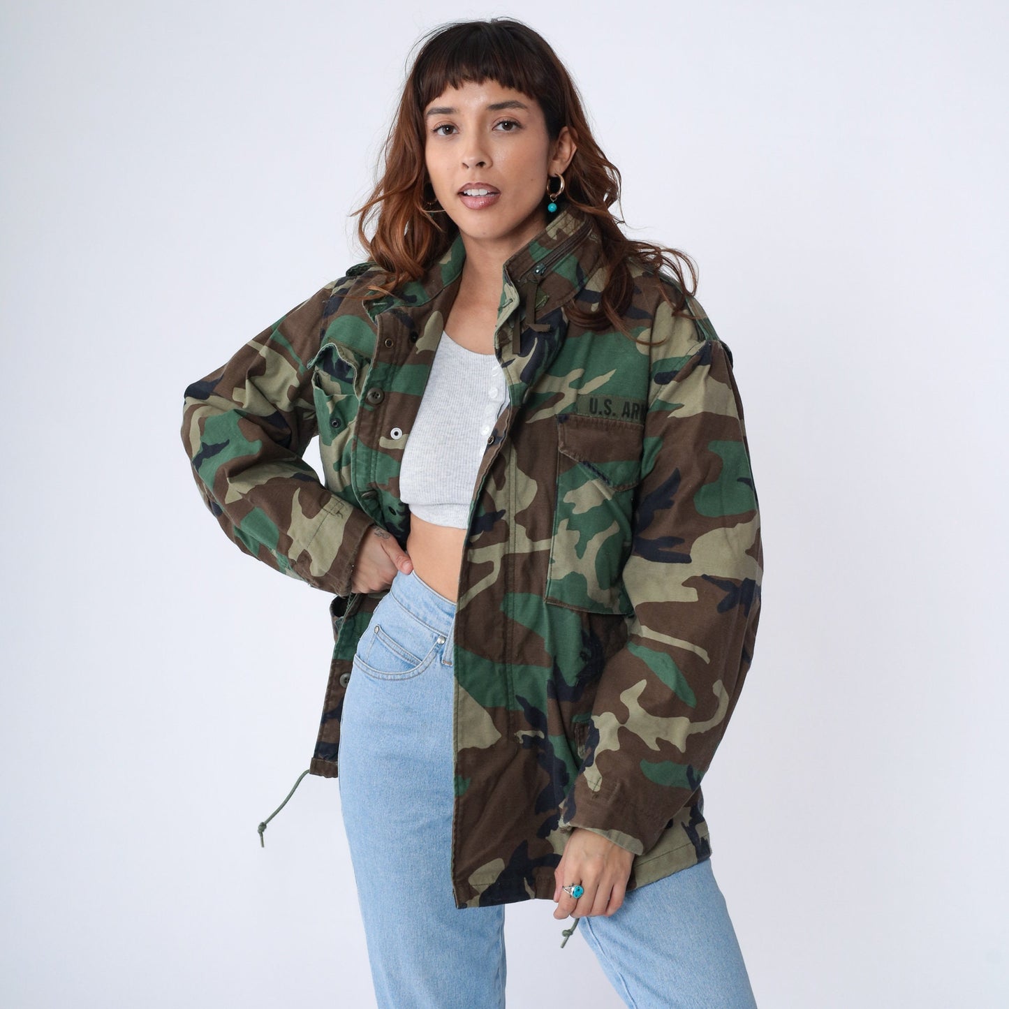 90s US Army Camouflage Field Jacket Utility Patch Zip Medium Short
