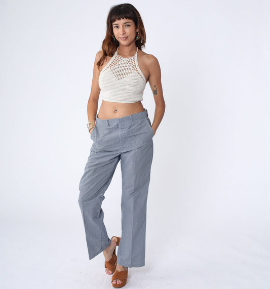 70s Dark Blue White Gingham Straight Leg Trousers High Waist Medium