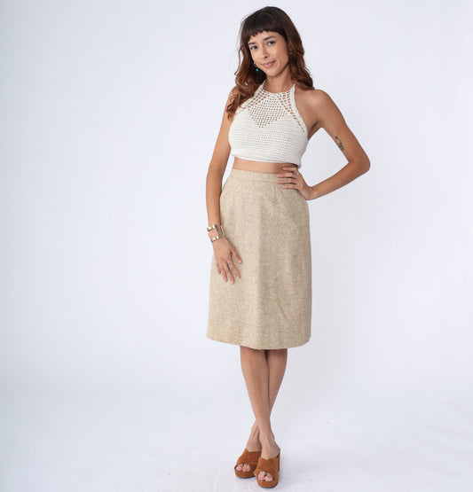 80s Beige Tweed Pencil Skirt Wool High Waist Midi Small