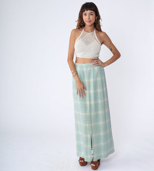 70s Mint Cream Plaid Maxi Skirt High Waisted Tartan Long Skirt Medium