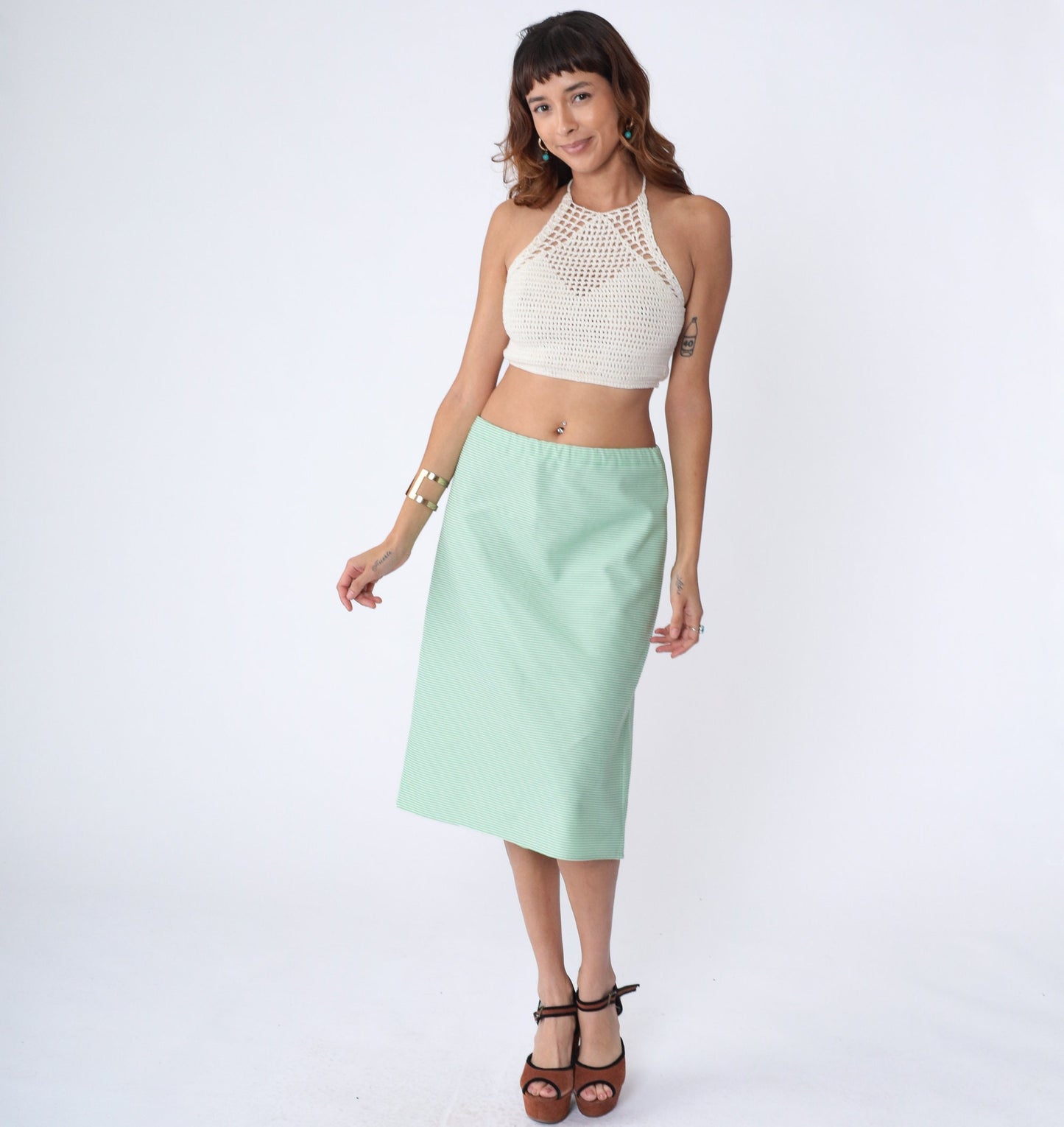 70s Striped Midi Skirt Green White High Waist Straight Polyester Large L