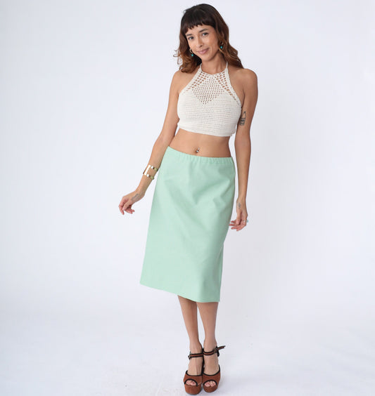 70s Striped Midi Skirt Green White High Waist Straight Polyester Large L