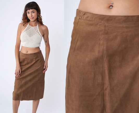 80s Brown Leather Pencil Skirt High Waist Kick Pleat Knee Length Medium
