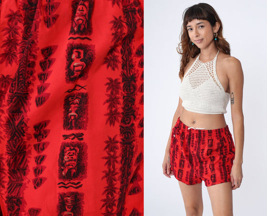80s Red Hawaiian Tiki Print Swim Trunks Gold Details Medium