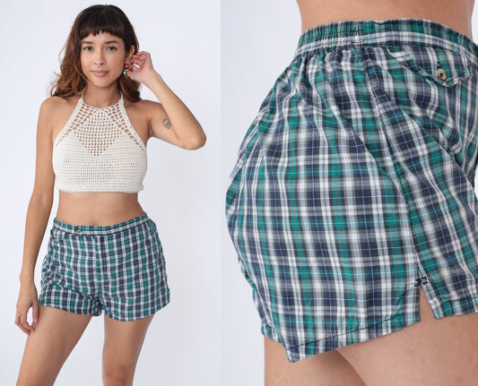 80s LL Bean Plaid Swim Shorts High Waisted Blue Green White Medium