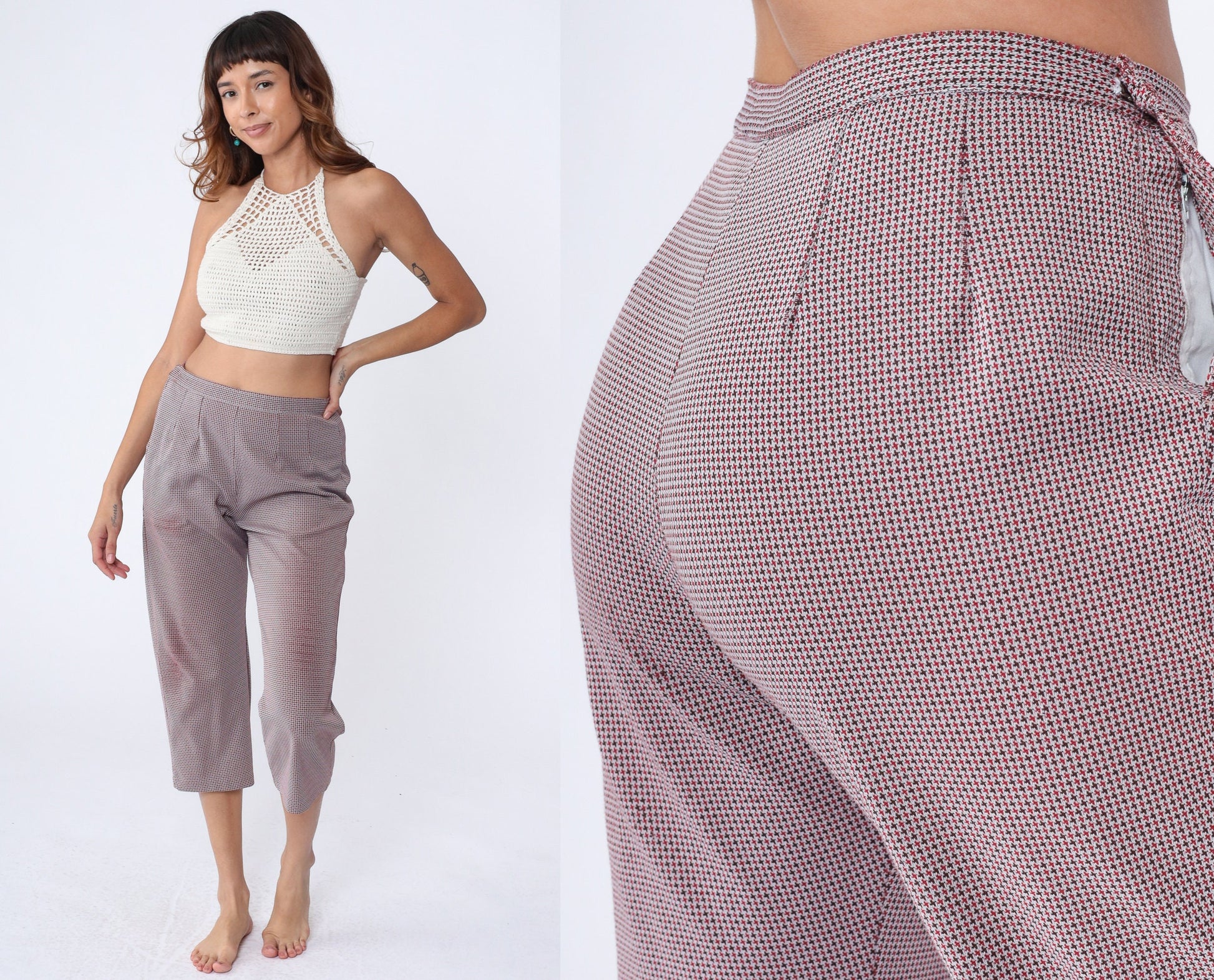 70s Houndstooth Capri Pants High Waist Red Brown White Checkered Medium