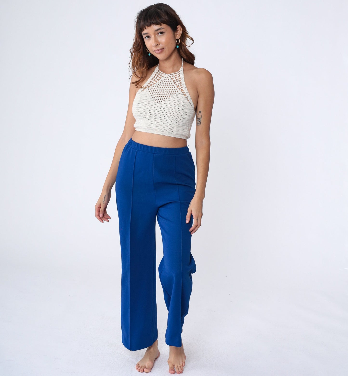 70s Pykette Royal Blue Bell Bottom Pants High Waist Polyester Small Medium