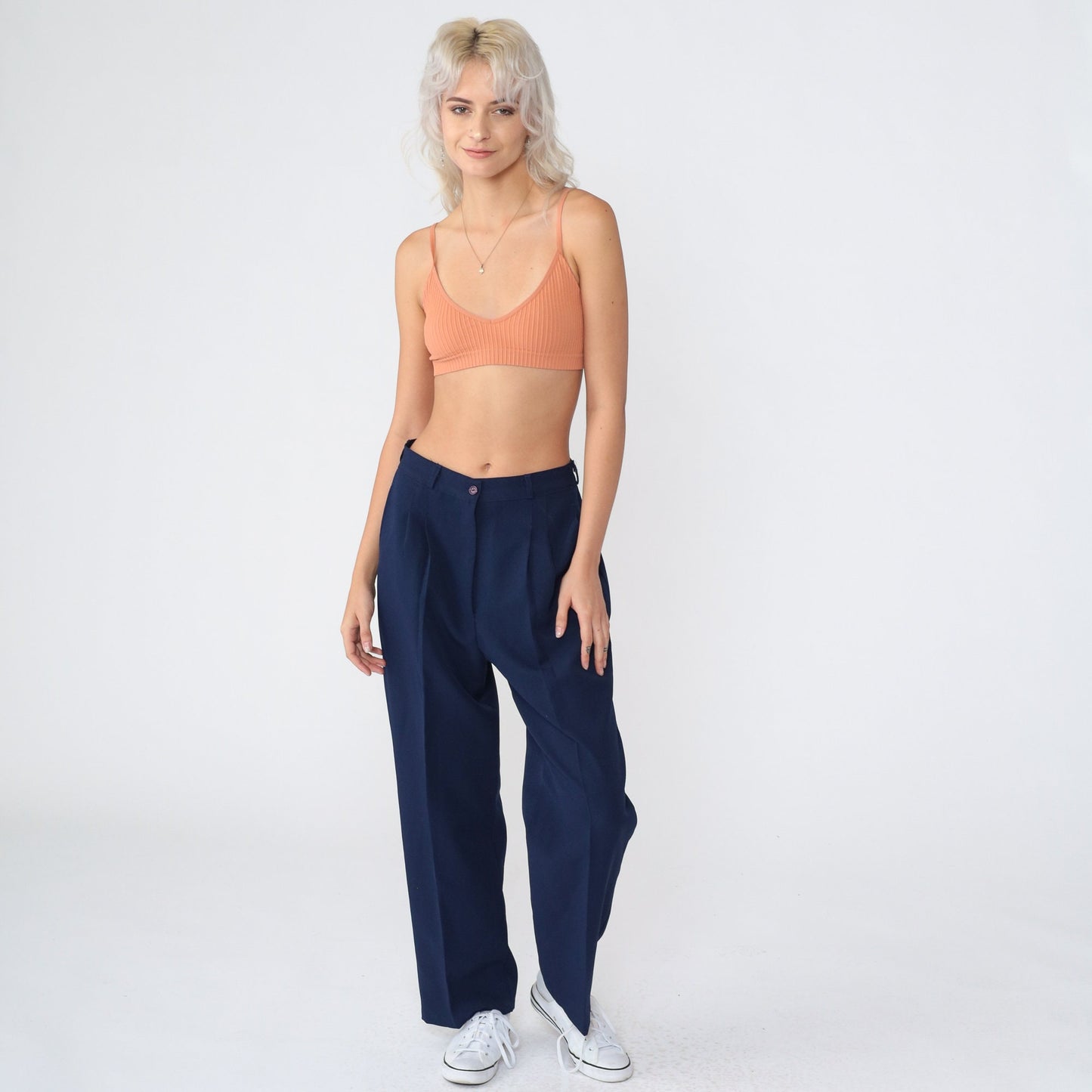 70s Navy Pleated High-Waist Tapered Trousers Small