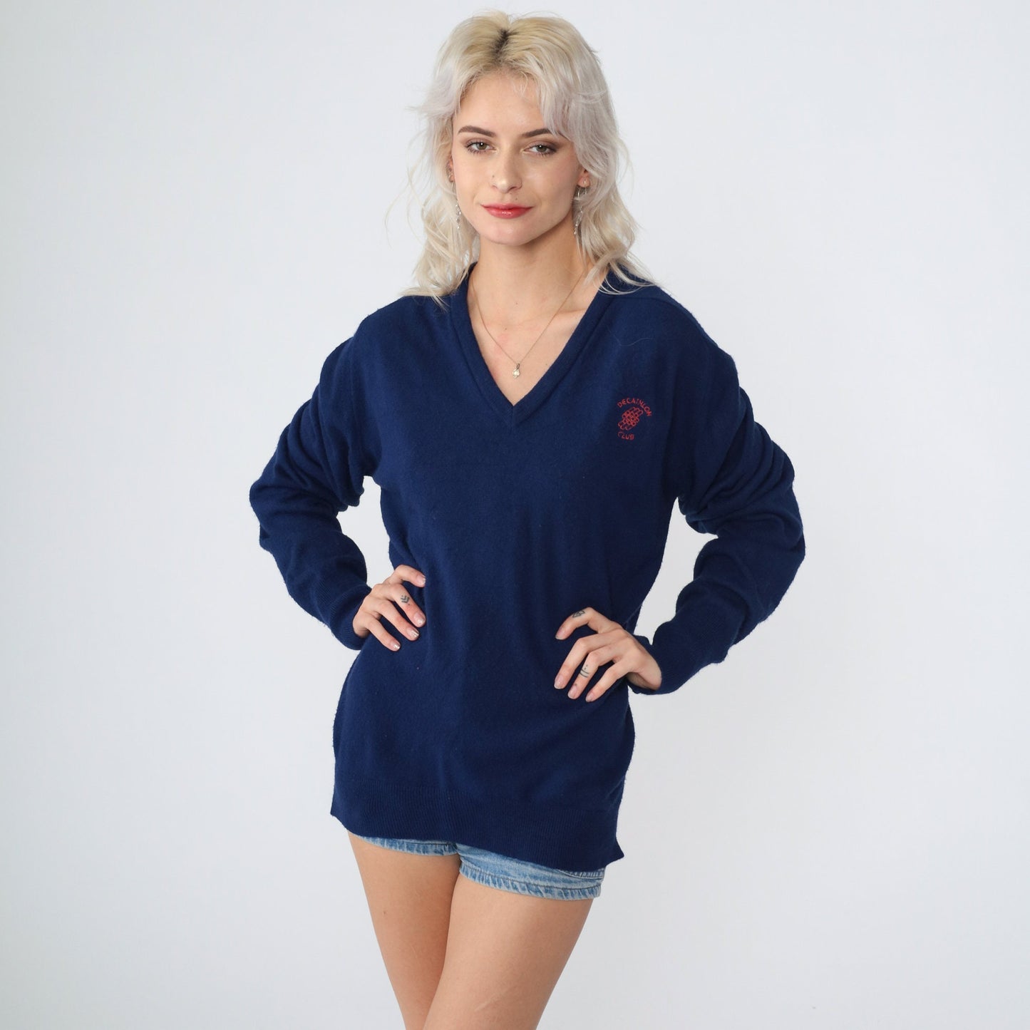80s Izod Decathlon Club Navy V-Neck Sweater Knit Jumper Large L