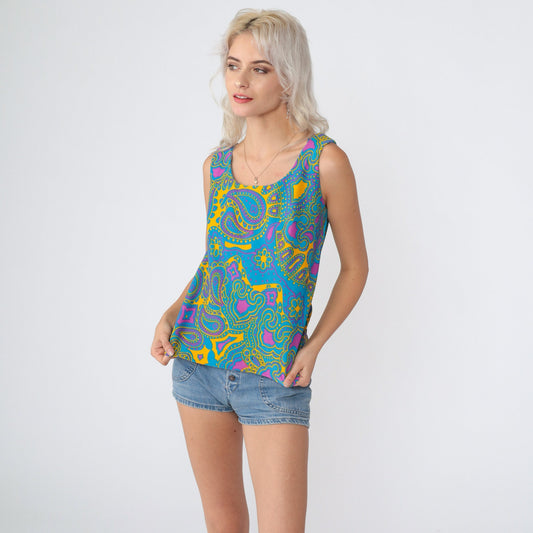 70s Paisley Floral Tank Top Sleeveless Blouse Yellow Blue Pink Extra Small