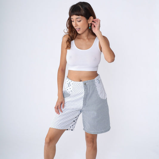 80s Jordache Polka Dot Striped Denim Shorts High Waisted Knee Length Medium