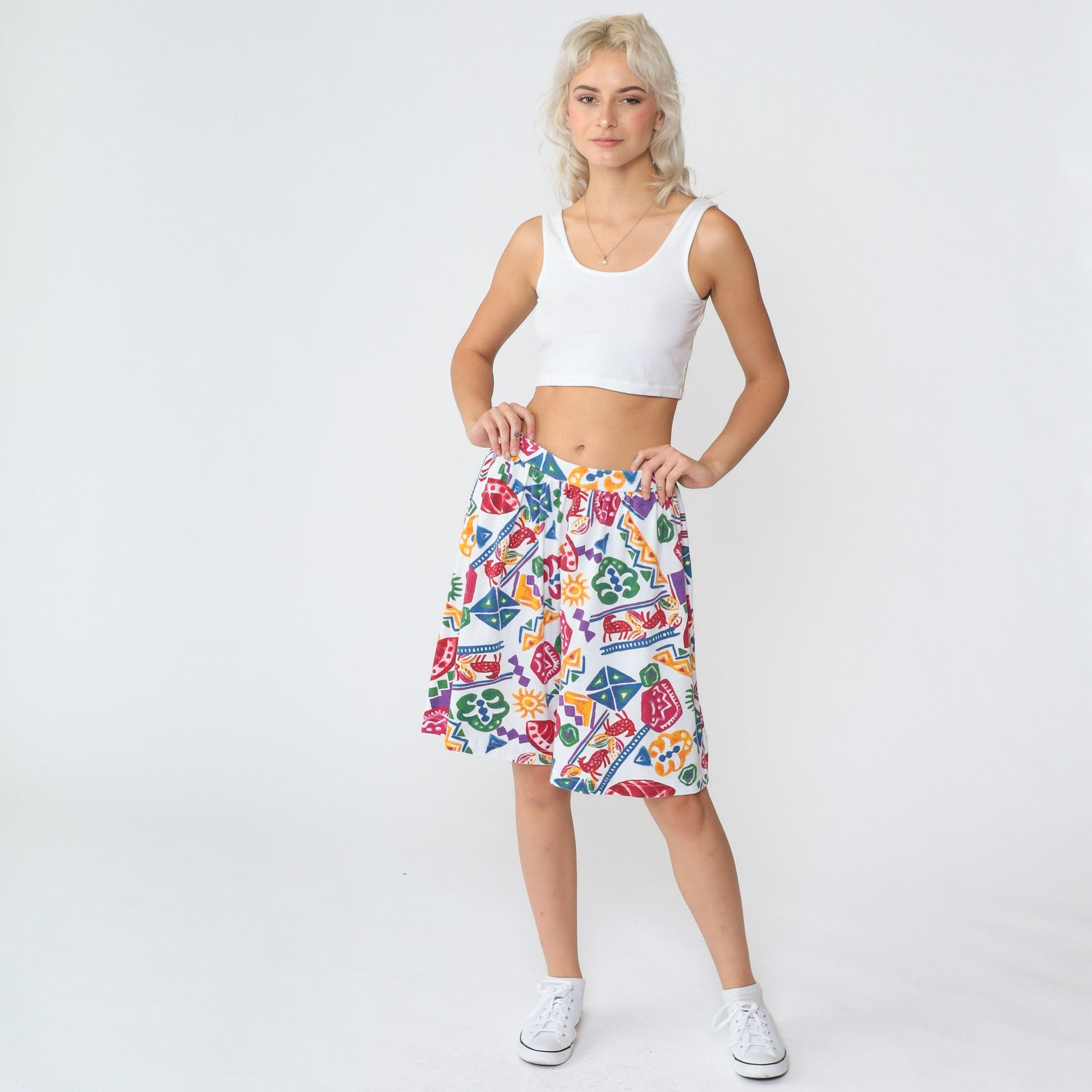 90s Geometric Animal Print High Waisted Shorts White Cotton Medium