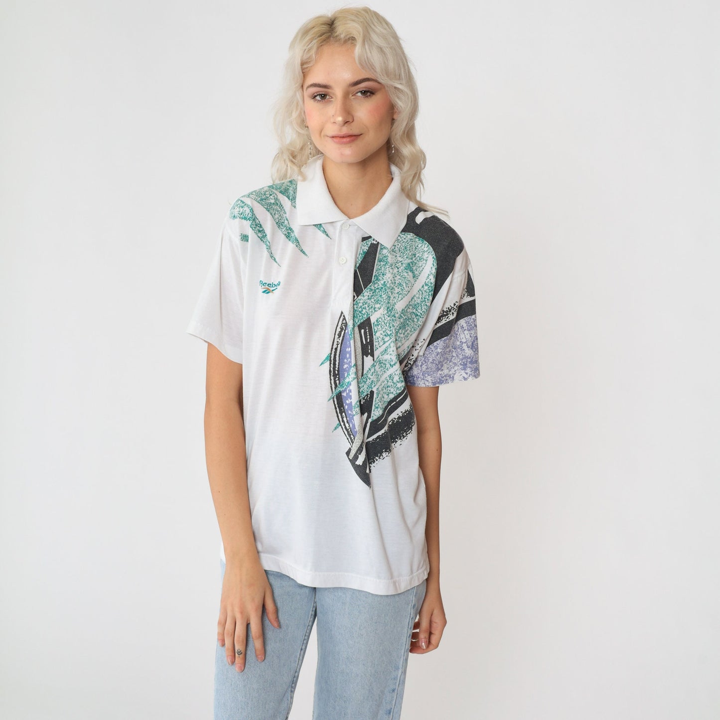 90s Reebok Polo Shirt Abstract Geometric Print White Collared Medium