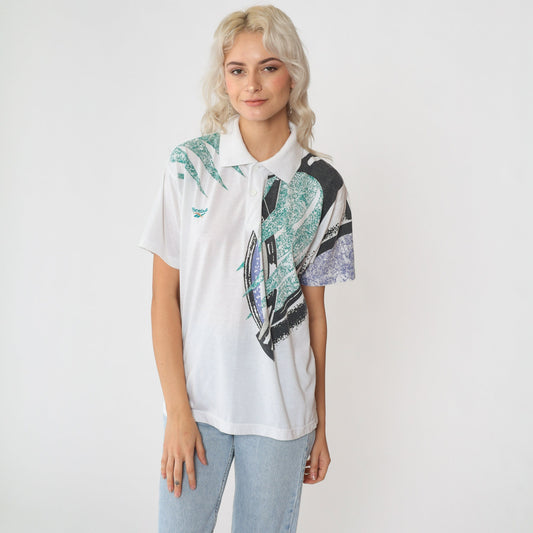 90s Reebok Polo Shirt Abstract Geometric Print White Collared Medium