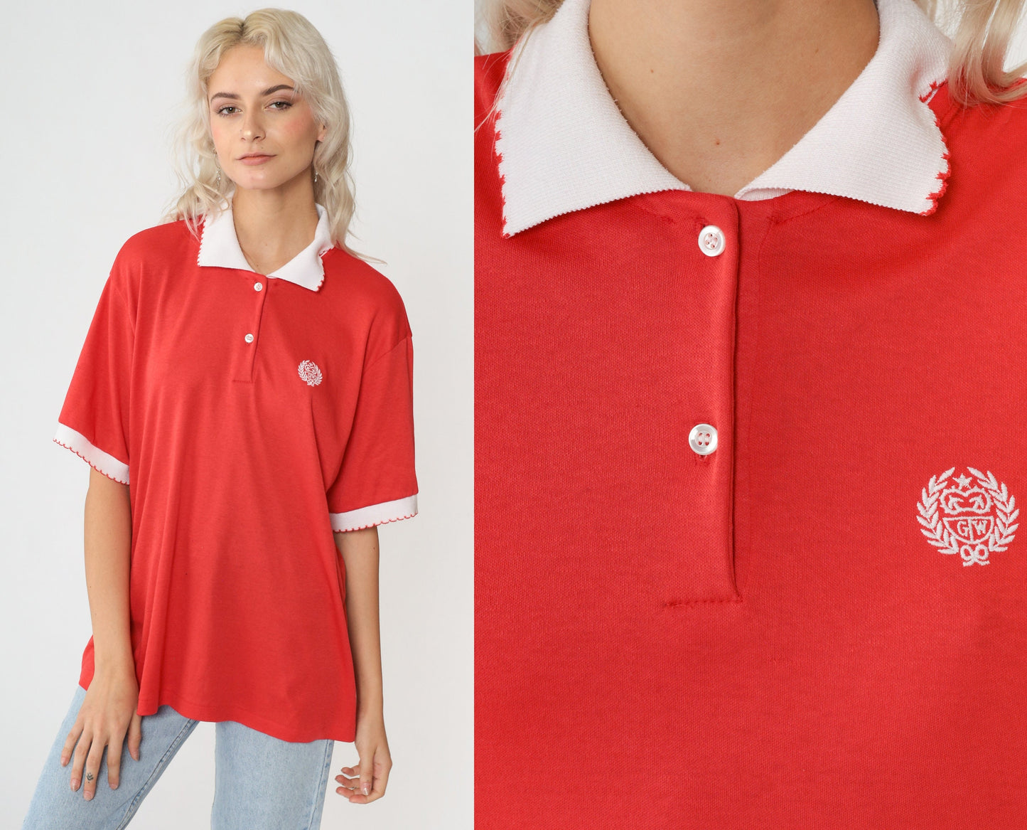 80s Red Polo Shirt GW Embroidered Crest Half Button Ringer Extra Large XL