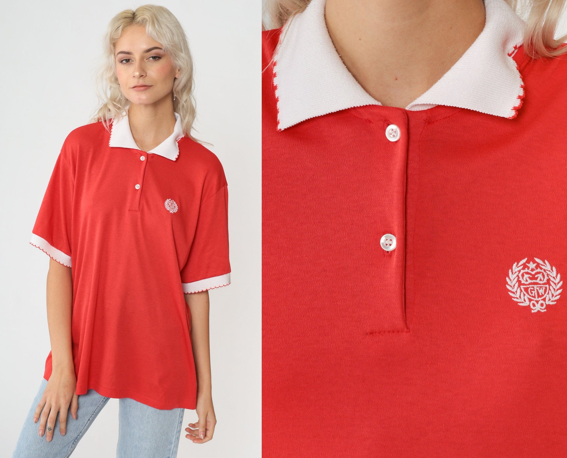 80s Red Polo Shirt GW Embroidered Crest Half Button Ringer Extra Large XL