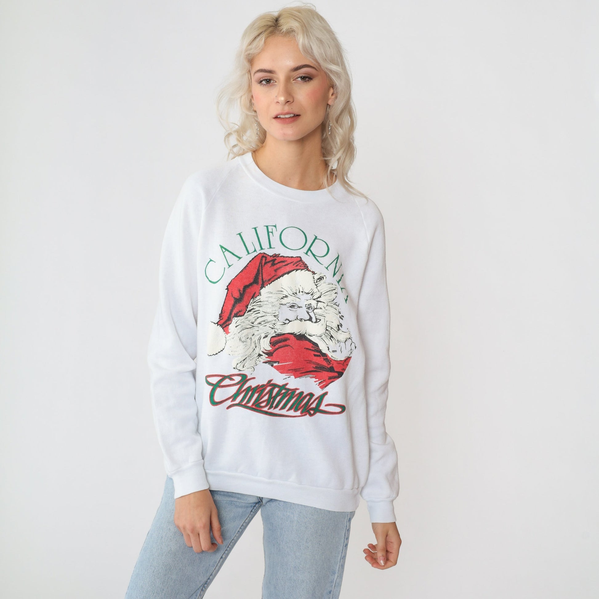 80s California Christmas Santa Sweatshirt White Raglan Puff Paint Small