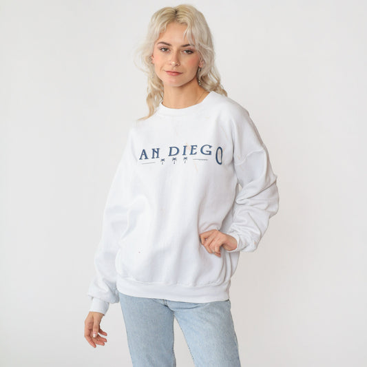 90s San Diego Palm Tree Sweatshirt White Graphic Crewneck Paint Splatter Large