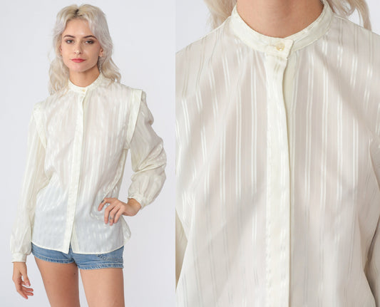 80s Levi's Bend Over Cream Blouse Puff Sleeve Hidden Button Striped Large