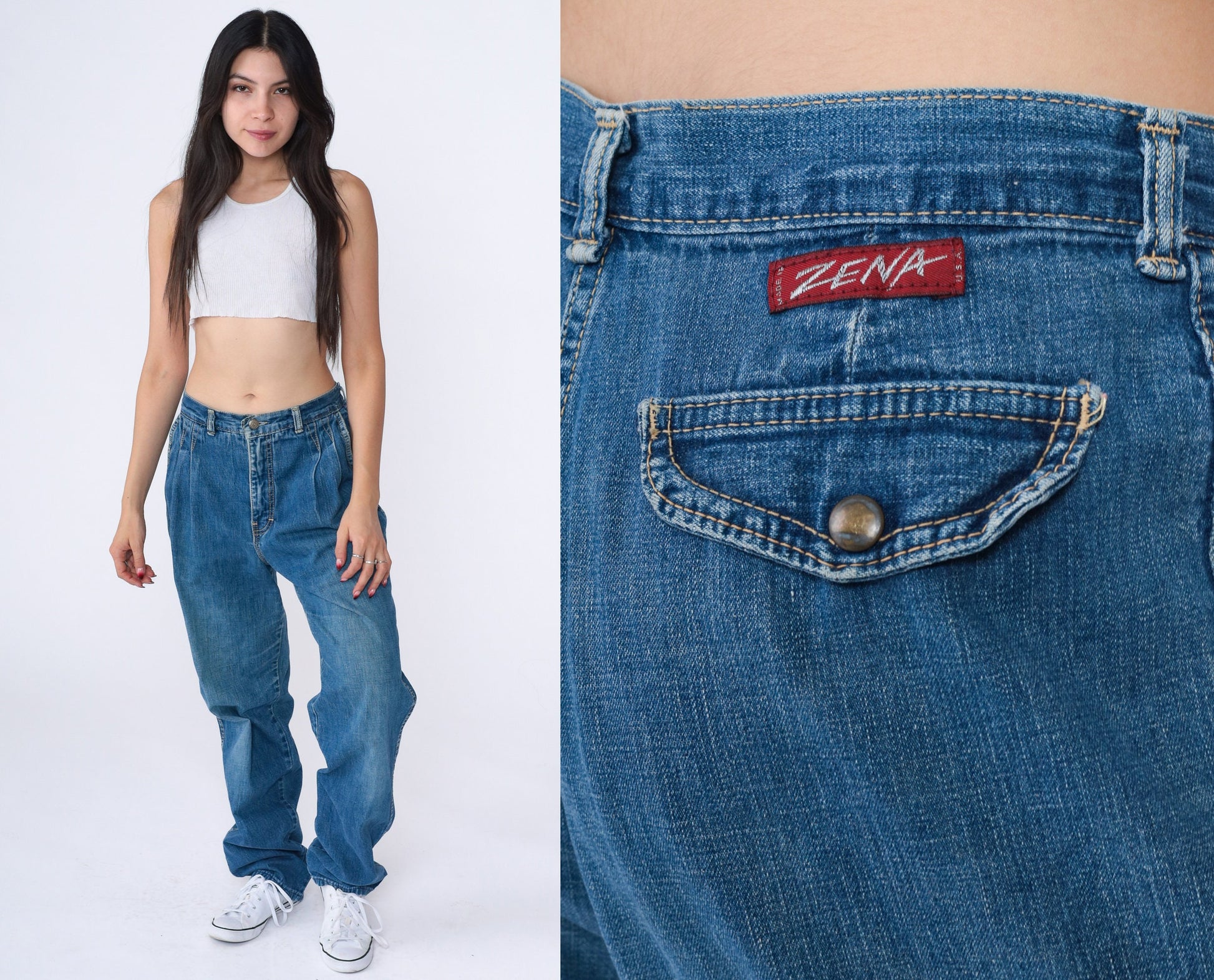 90s Zena High Rise Pleated Straight Leg Jeans Blue Denim Small 28