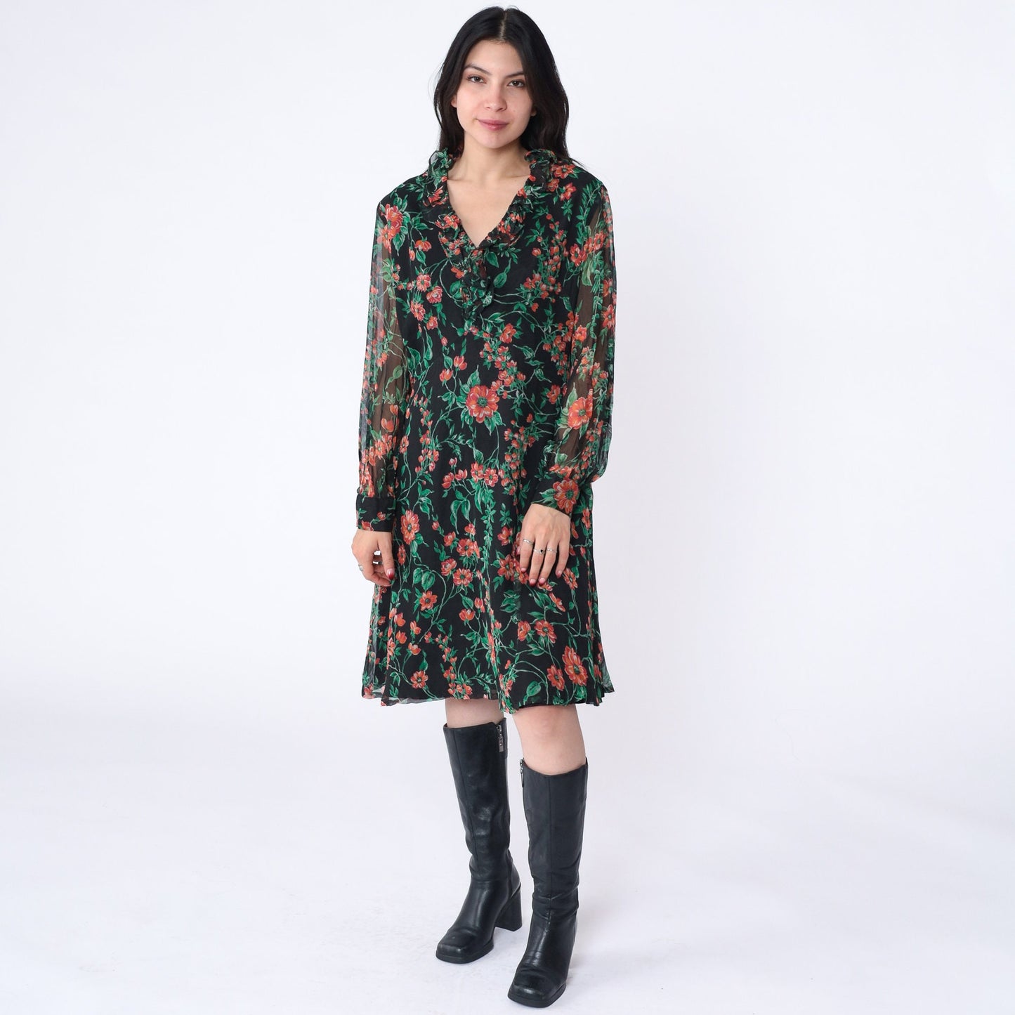 70s Floral Babydoll Mini Dress Empire Waist V-Neck Long Sleeve Black Large