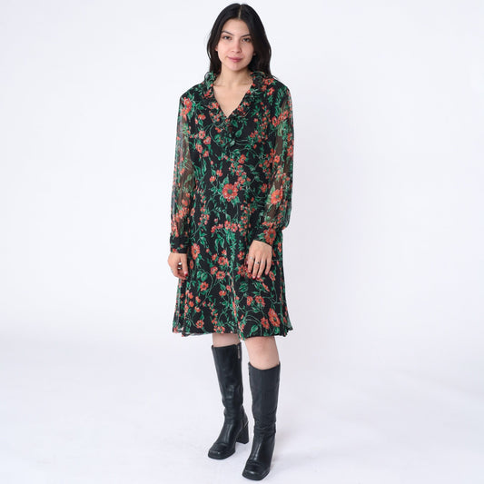 70s Floral Babydoll Mini Dress Empire Waist V-Neck Long Sleeve Black Large
