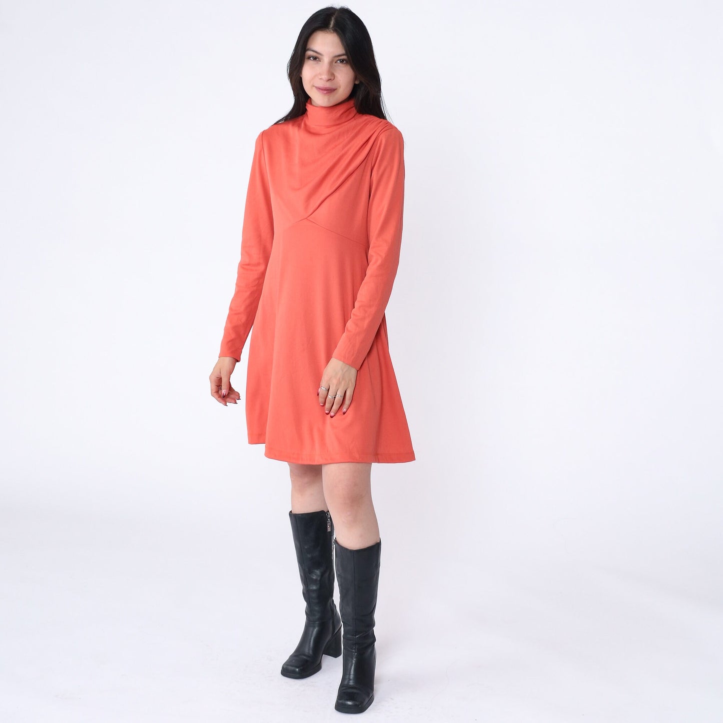 70s Orange Empire Waist Mock Neck Mini Dress Long Sleeve Medium