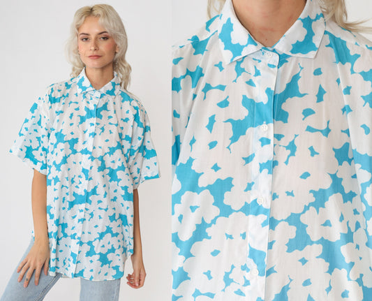 90s Diane Von Furstenberg Abstract Floral Button-Up Blouse White Blue Medium